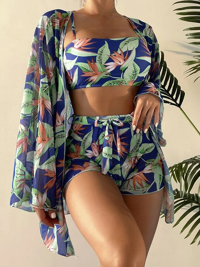 Split High Waist Long Sleeve Bikini Suit