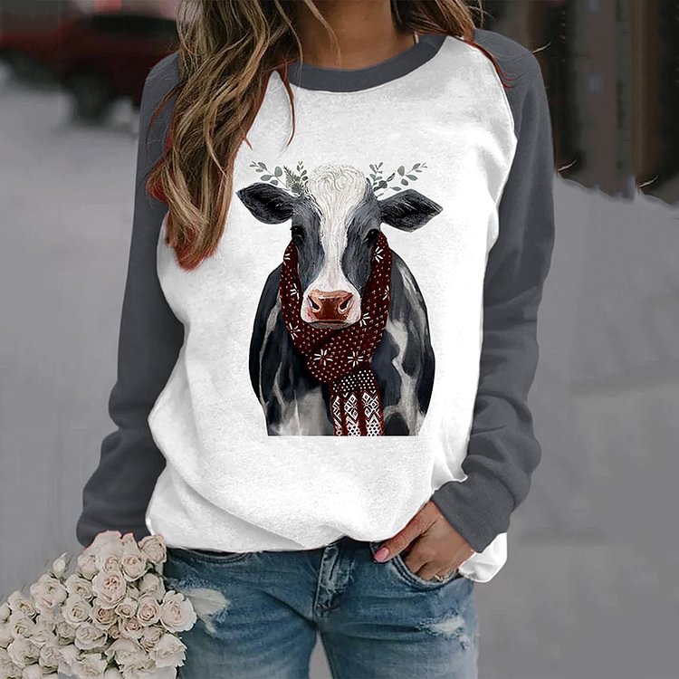 Comstylish Women's Highland Cow Print Casual Crewneck Sweatshirt
