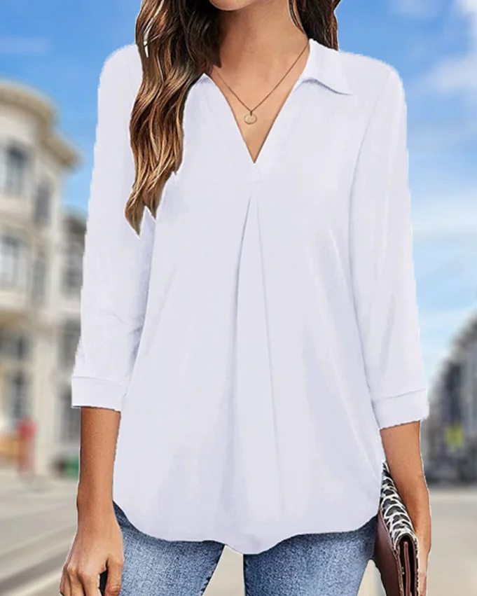 V-neck Top Solid Color Loose-Fitting Large Size Shirt