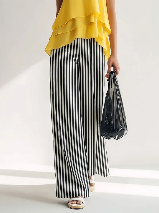 Women’s Yellow Satin Layered Ruffle Cami Top & Black-and-White Cotton Blend Striped Wide-Leg Pants Two-Piece Set