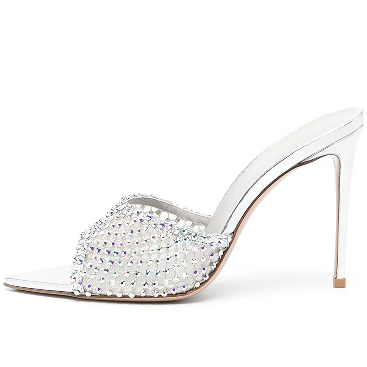 FSJ Silver Metallic Pointy Toe High Heel Mules with Crystal Inlay |FSJ Shoes