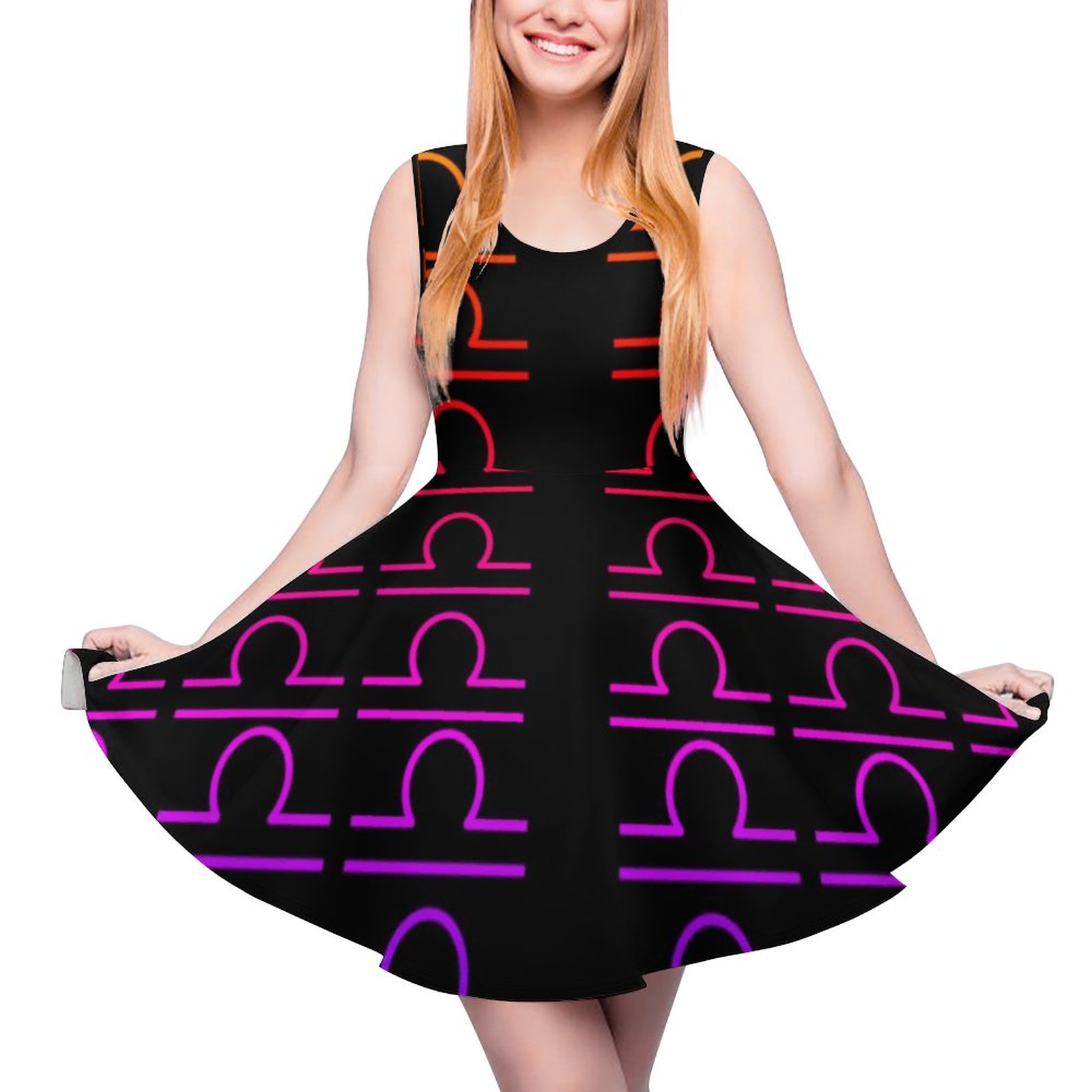Zodiac Libra Sign Crewneck A-Line Skater Dress, Sleeveless Mini Skater Dresses Zodiac-2XL