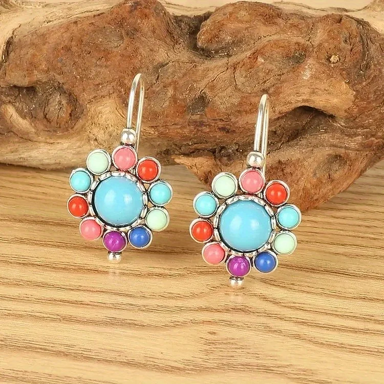 Vintage 925 Silver Plated Multicolor Blue Ston Round Earrings Ethnic Personality Hook Drop Earrings For Women