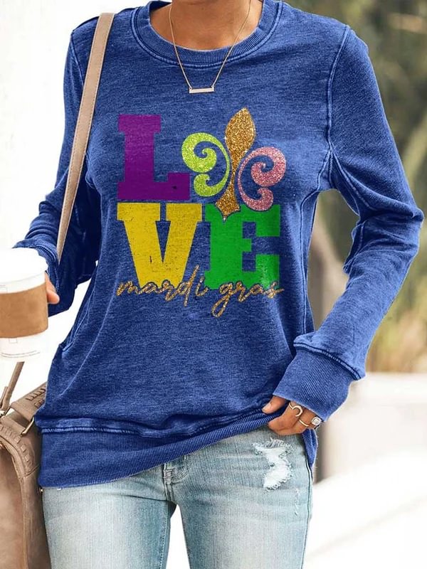 Retro Love Mardi Gras Glitter Print Sweatshirt