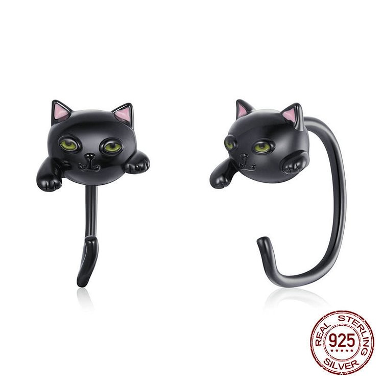 S925 Sterling Silver Black Eye Silver Cat Earrings