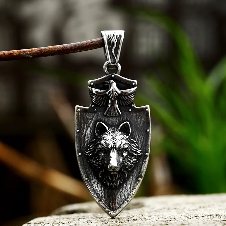 Viking Wolf Head Shield Stainless Steel Necklace