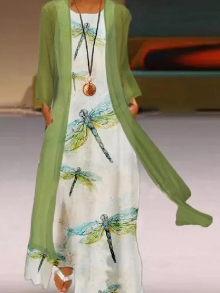 Dragonflies Print Maxi Dress & Outer Set