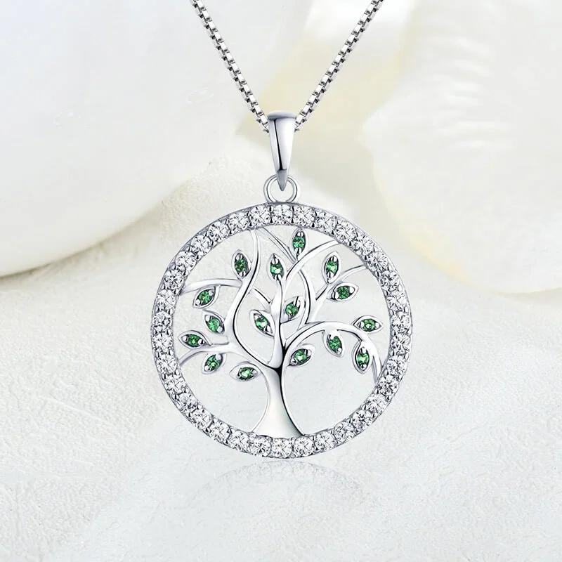 MeWaii® Sterling Silver Necklace Wishing Tree Green Zircon Life Tree Pendant Silver Jewelry S925 Sterling Silver Clavicle Chain Necklace