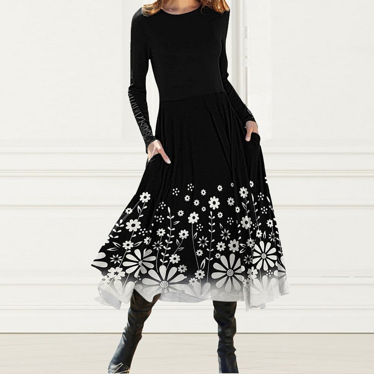 Comstylish Contrast Floral Print Crew Neck Pocket Midi Dress