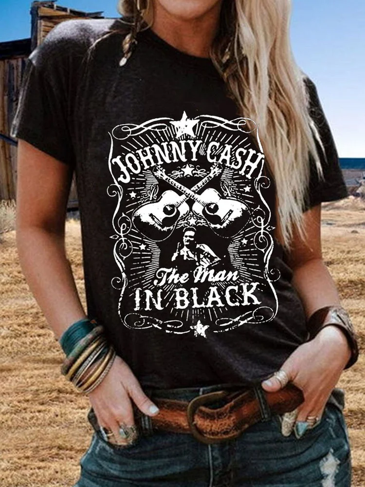 Bestdealfriday Johnny Cash Short Sleeve Letter Casual Shift Woman Tee