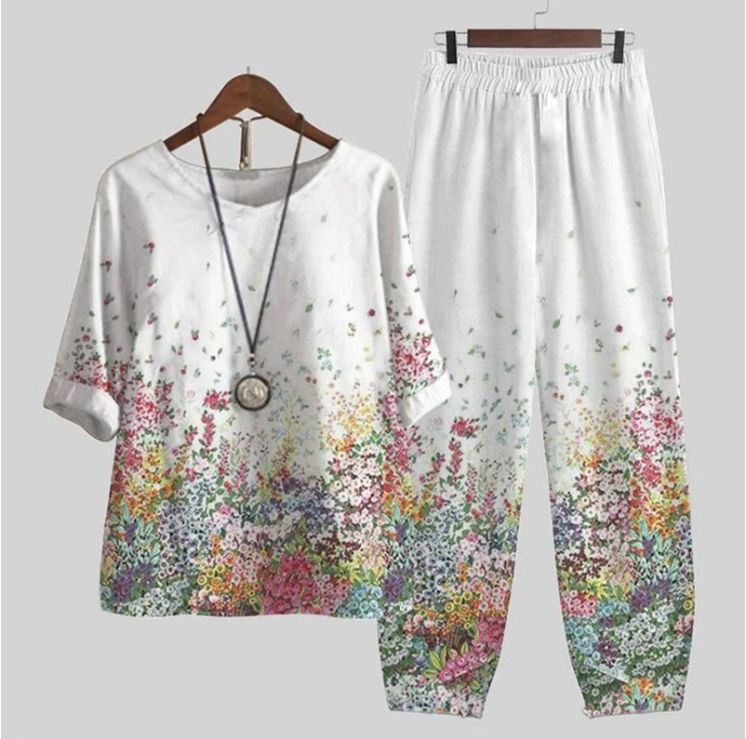 Summer Casual Elegant O-Neck Flower Print Loose High Waist Loose Two Pieces Suit