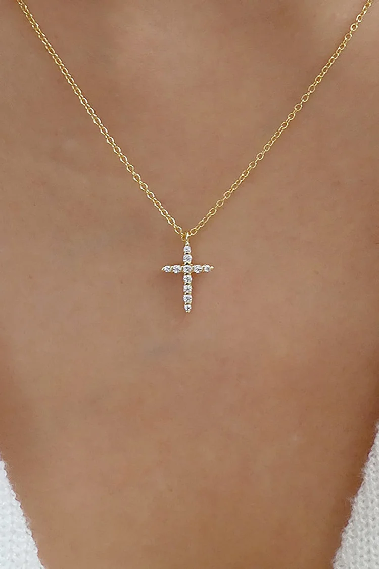 Rhinestone Cross Pendant Alloy Necklace-Gold