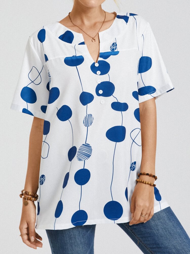 V neck Dot Stripe Print Short Sleeve Loose T Shirt For Women P1834635