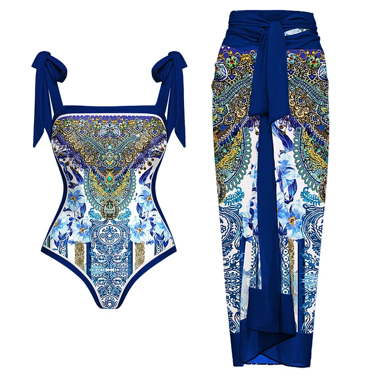 Reversible Tie-shoulder One Piece Swimsuit and Sarong Flaxmaker