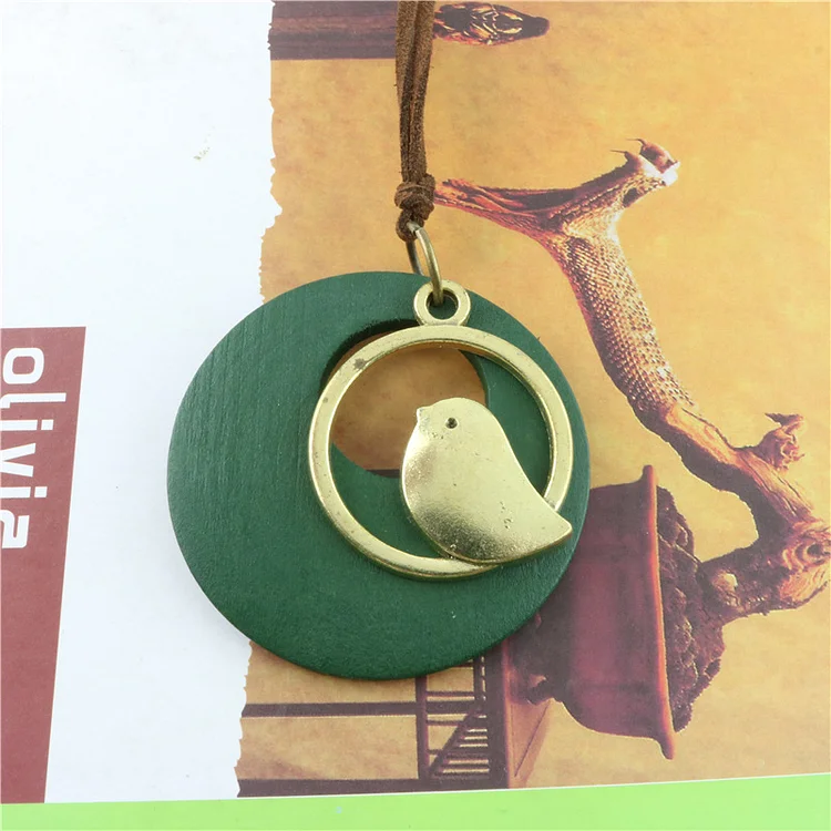 Fashion Green Retro Bird Pendant Leather Rope Sweater Chain Necklace  Flycurvy [product_label]