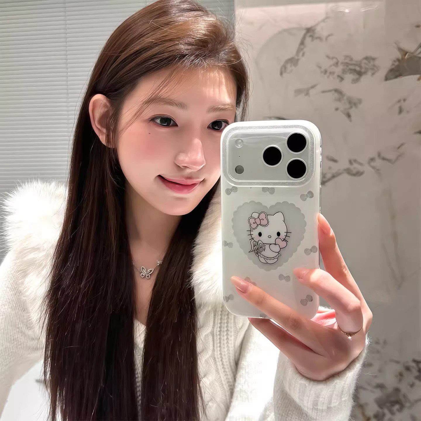 ラメ加工 かわいい 透かしリボン キティちゃん ハートデザイン iPhone