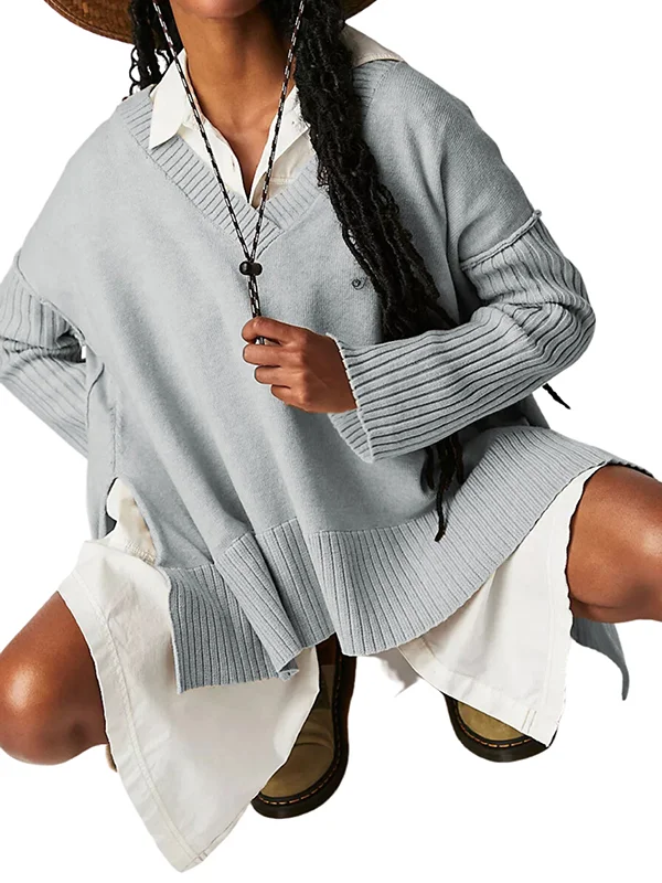 Long Sleeves Loose Solid Color Split-Joint Split-Side V-Neck Pullovers Sweater Tops
