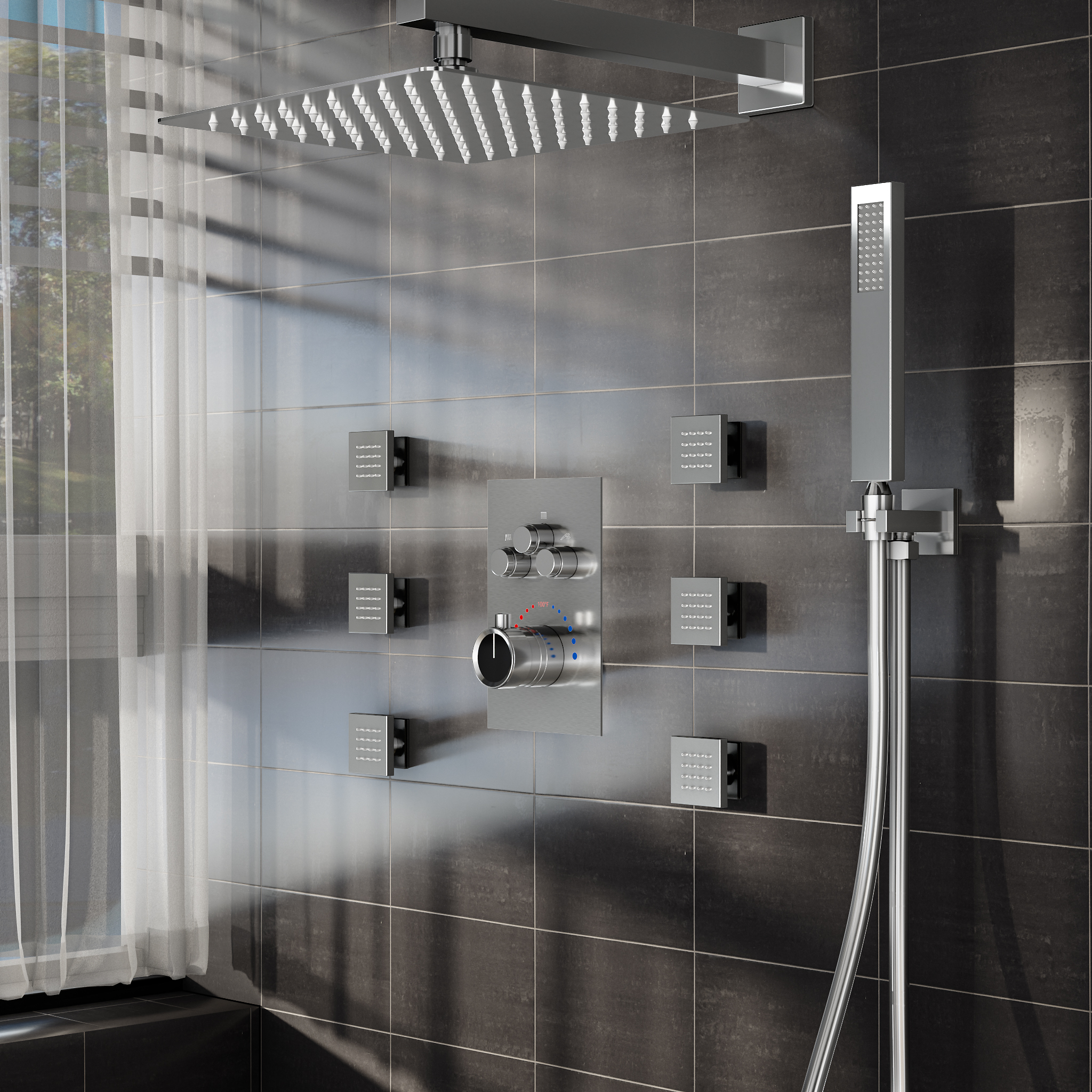 Modern Matte Black Wall Mounted 12 Rainfall Showerhead & Handheld Shower Set with Six Body Spray Jets Thermostatic Solid Brass