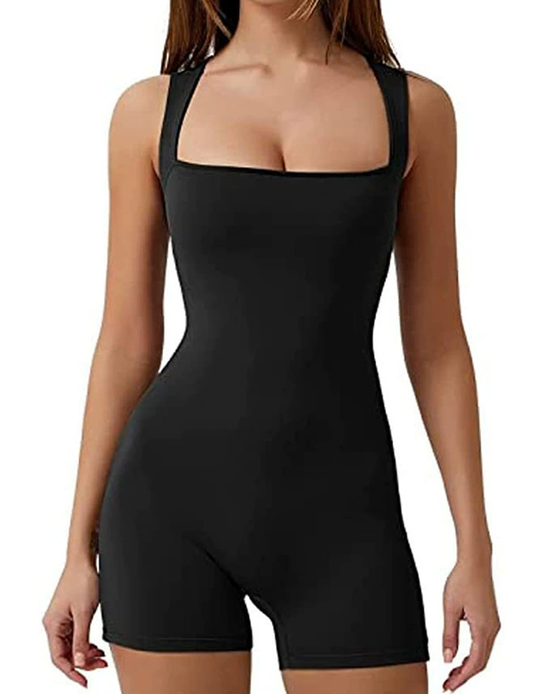 Women Workout Romper Yoga Ribbed Square Neck One Piece Seamless Tank Top Jumpsuit