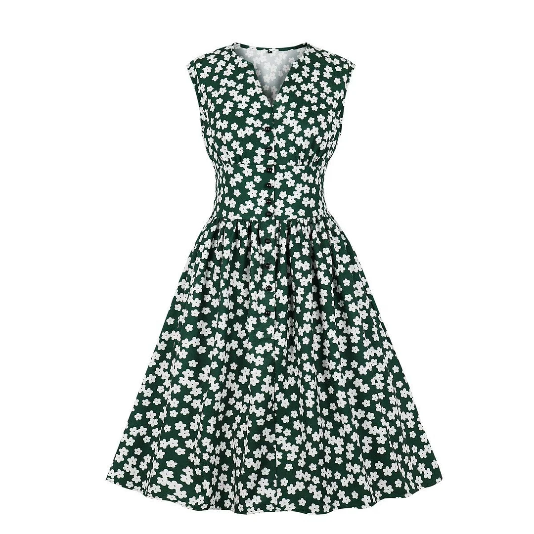 1950s Vintage Tea Dress Women's Split Neck Floral Button 1940s Day