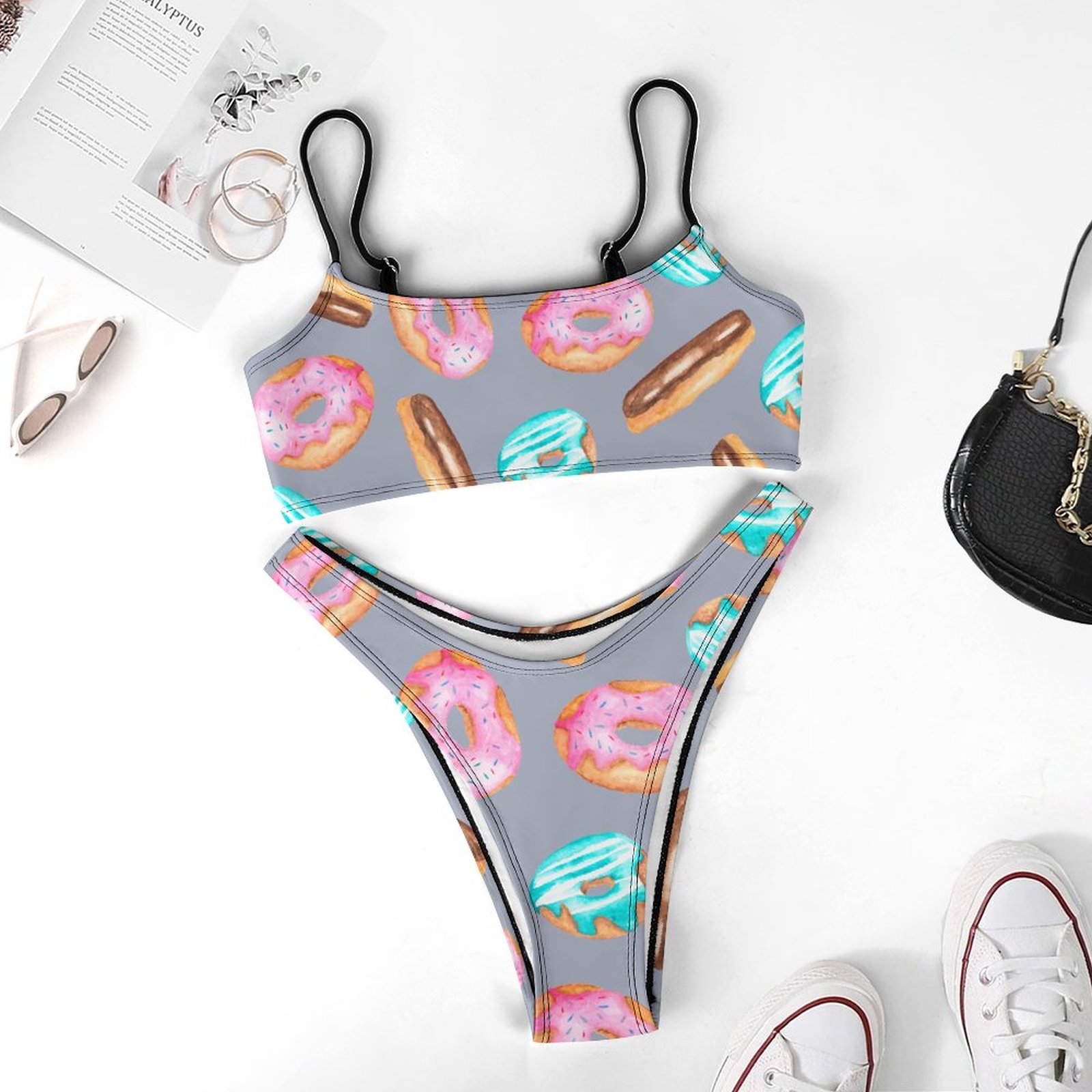 Modern Abstract Donuts Food Watercolor Piece Bikini Swimsuit Women