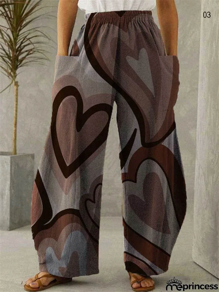 Female Retro Art Printed Loose Plus Size Elastic Waist Wide Leg Pants