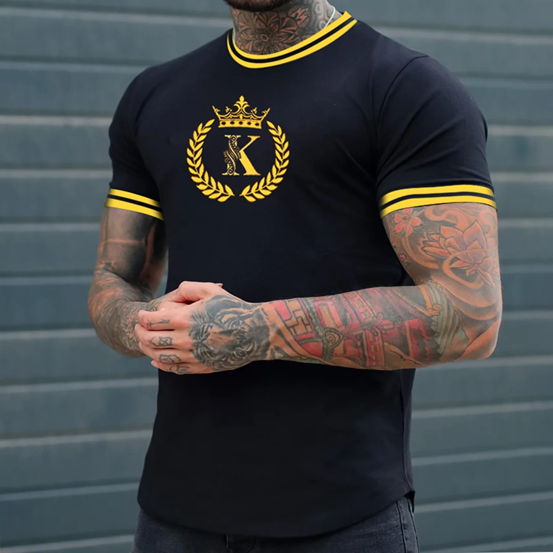 Men's Fashion King Print Color Matching Casual Slim Fit Short Sleeve T-Shirt