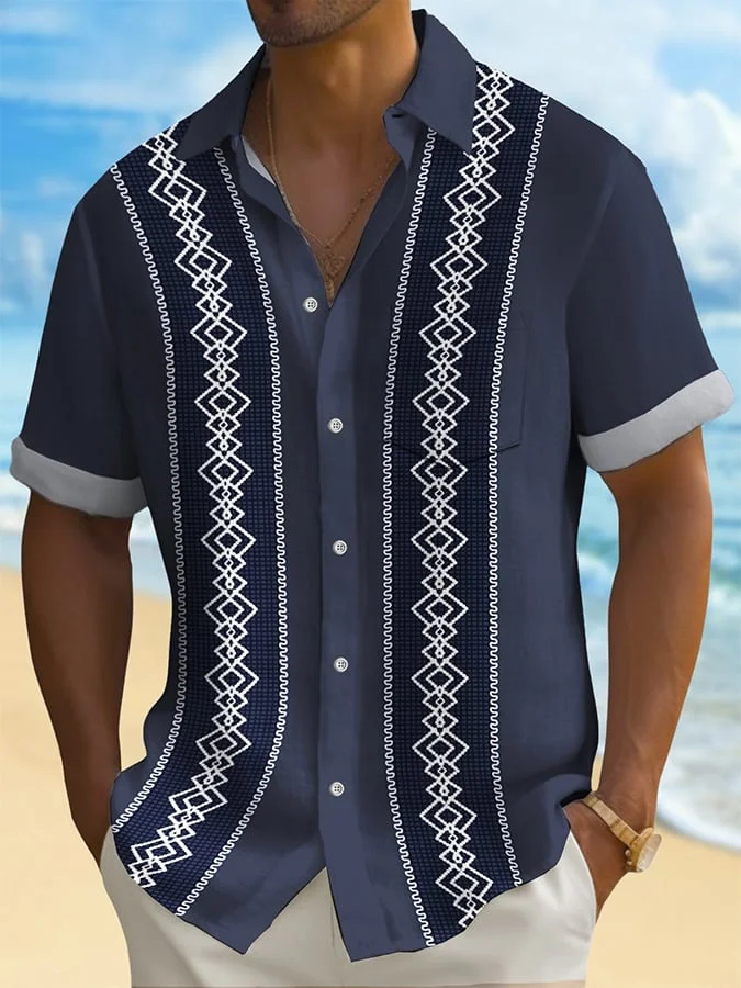 Men's Retro Striped Print Resort Casual Shirt (Pocket Included)