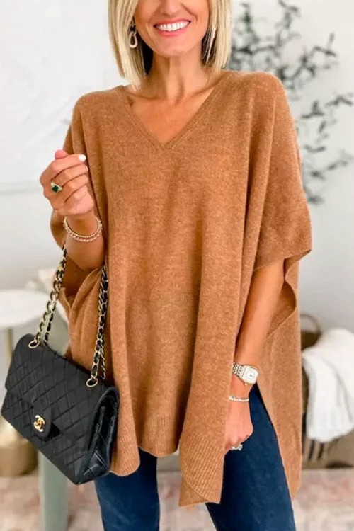 LaChicest V Neck Loose Fit Solid Poncho Sweater  socialshop