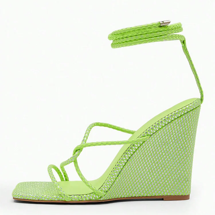 Green Wedge Sandals Women'S Elegant Square Toe Wrapped Shoes Office Heels |FSJ Shoes