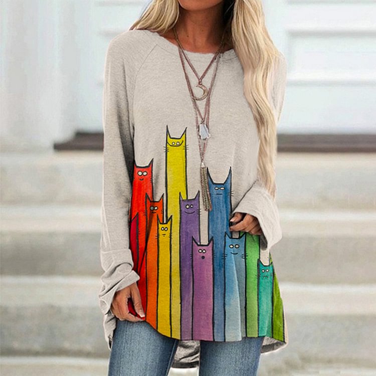 Vefave Casual Colorful Cat Print Long Sleeve Tunic