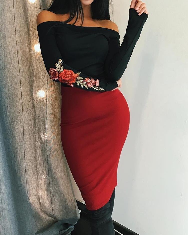 Splicing Floral Off Shoulder Bodycon Dress P15426