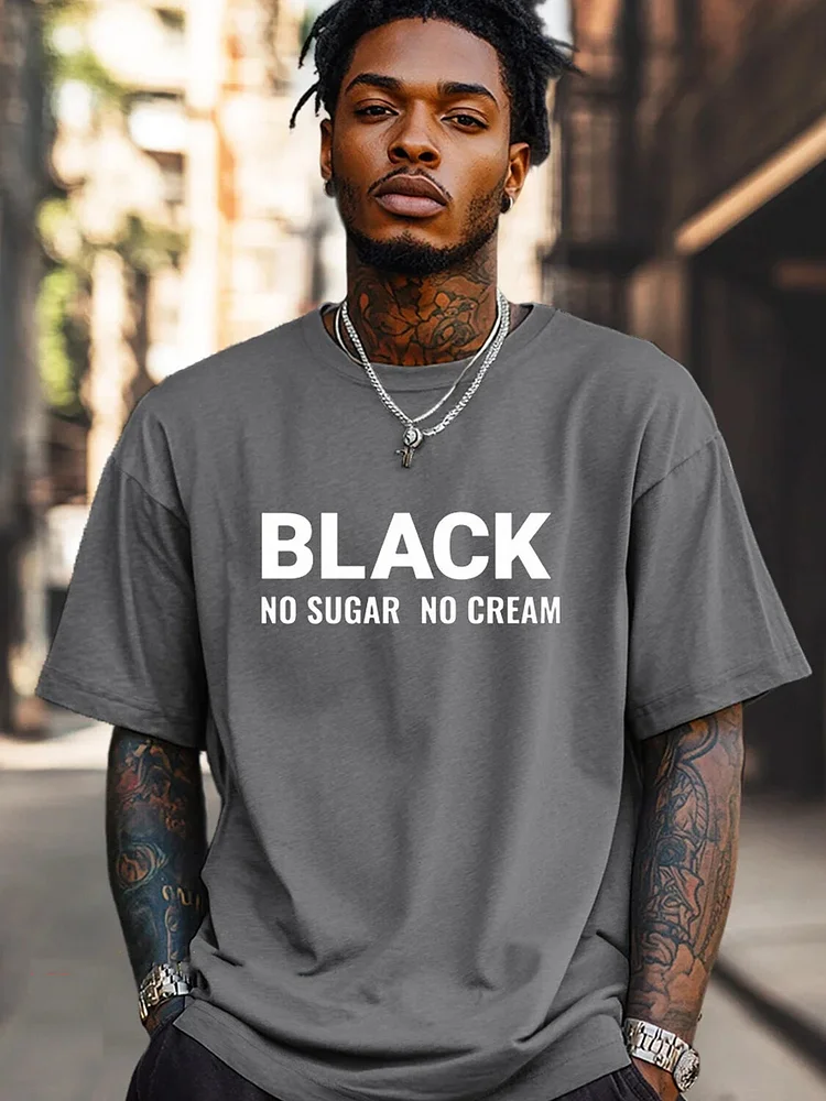 Men's Black No Sugar No Cream Print Cotton Casual T-Shirt