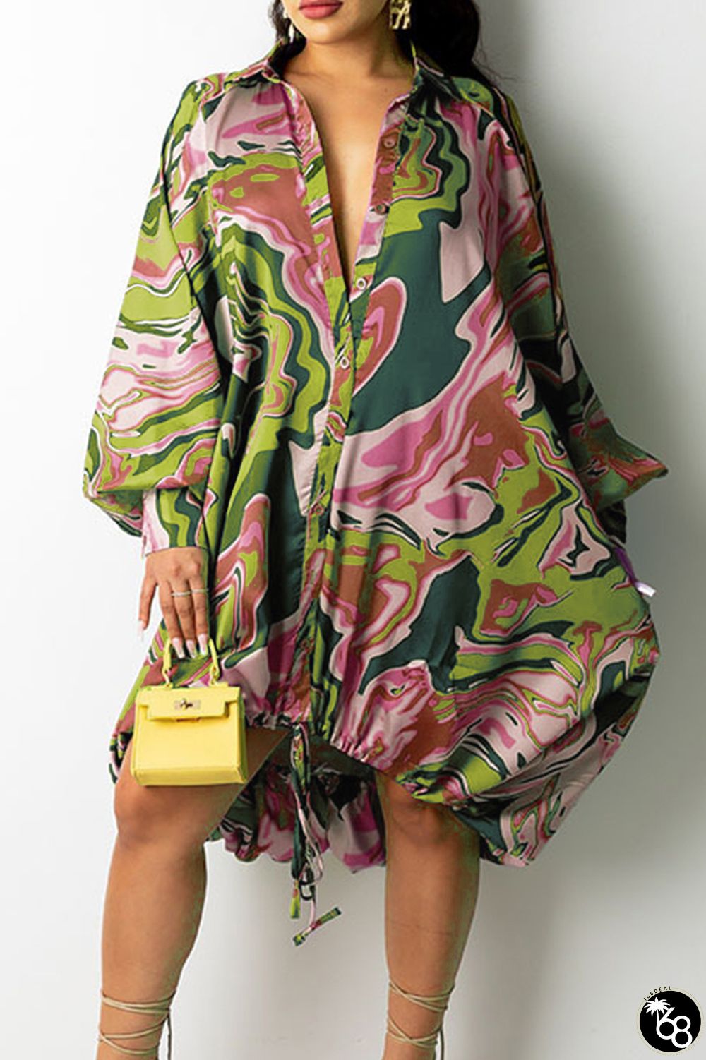 Casual Print Patchwork Draw String Buckle Turndown Collar Printed Dress Dresses | 168DEAL