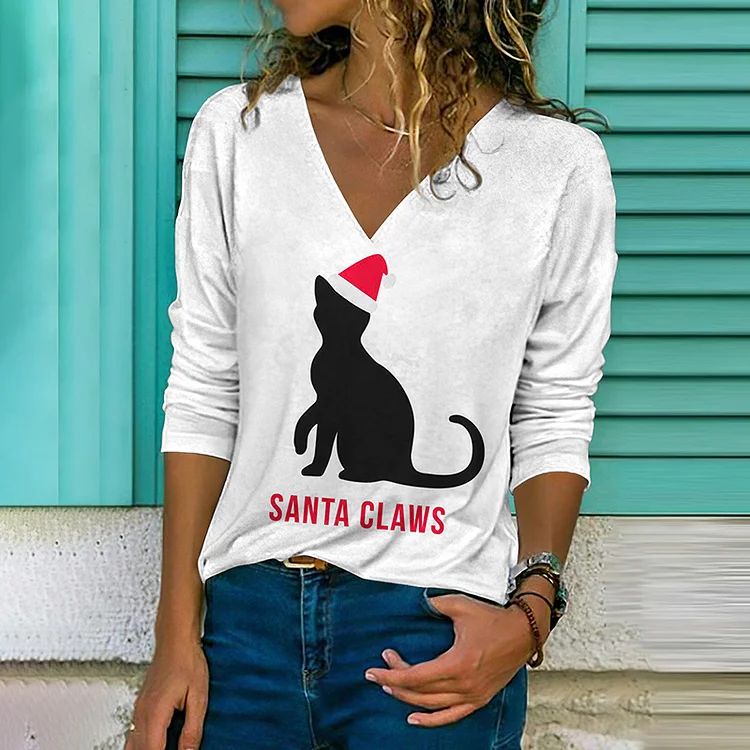 Christmas Cat Print V-Neck Casual Long Sleeve T-Shirt