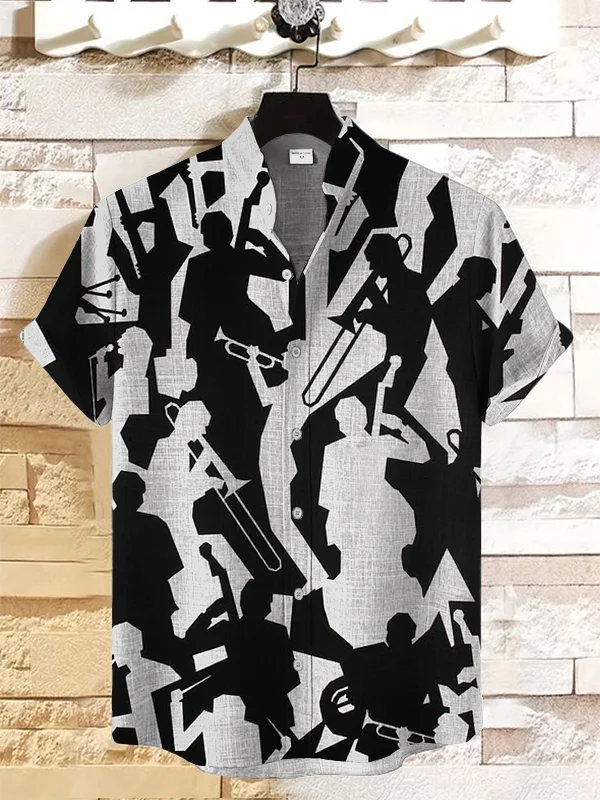 Men's Jazz Silhouette Splicing Art Printed Linen Blend Casual Shirt