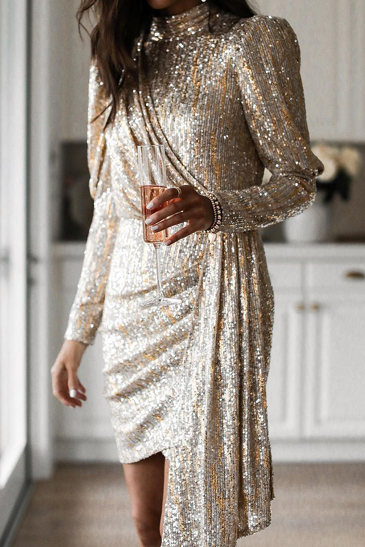 Casual Solid Sequins Turtleneck Pencil Skirt Dresses - Life is Beautiful for You - SheChoic