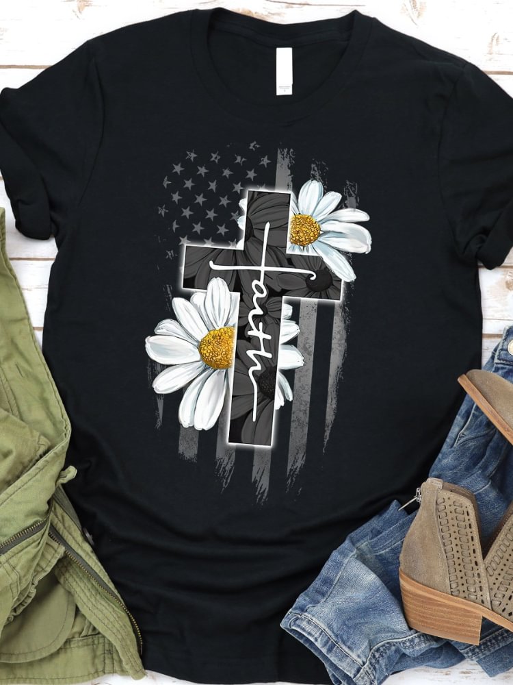 Faith Flag Daisy Print Short Sleeve Casual T Shirt