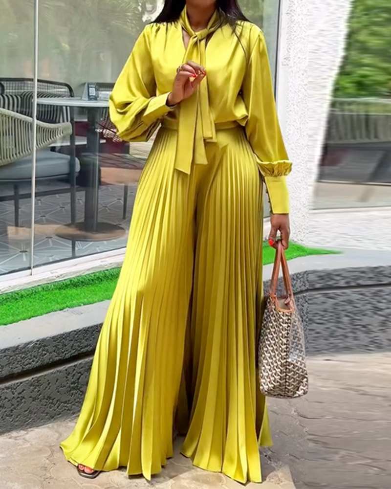 Puff Sleeve Tie V Neck Blouse & Pleated Pants Set