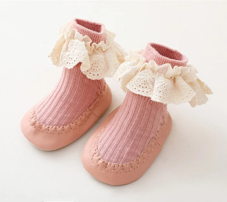 New Baby Ruffle Socks With Rubber Soles Infant Sock Newborn Autumn Children Floor Lace Flowers Shoes Anti Slip Soft Sole Sock