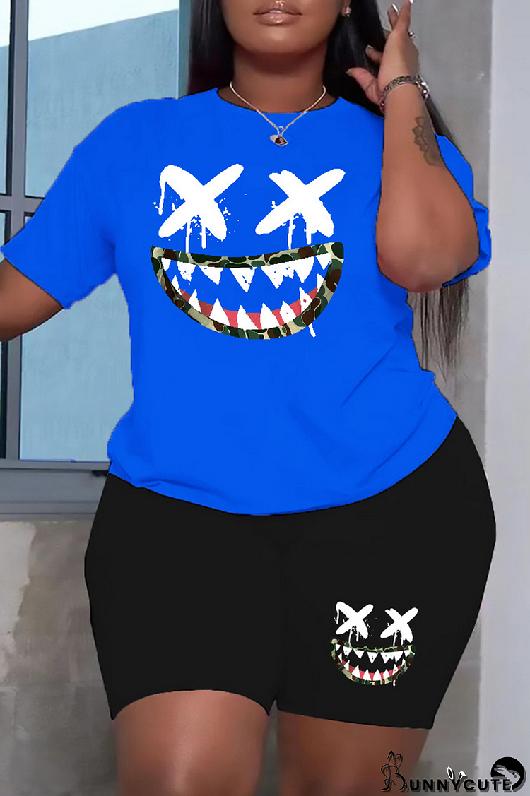 Blue Casual Print Patchwork O Neck Plus Size Two Pieces