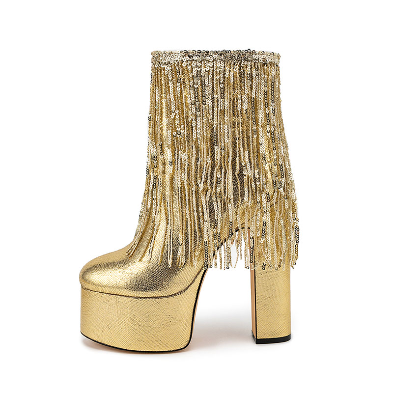 VCSHOES Paillette Tassels Short Boots Round Toe Platform Side Zipper Super High Heel Modern Boots Extra