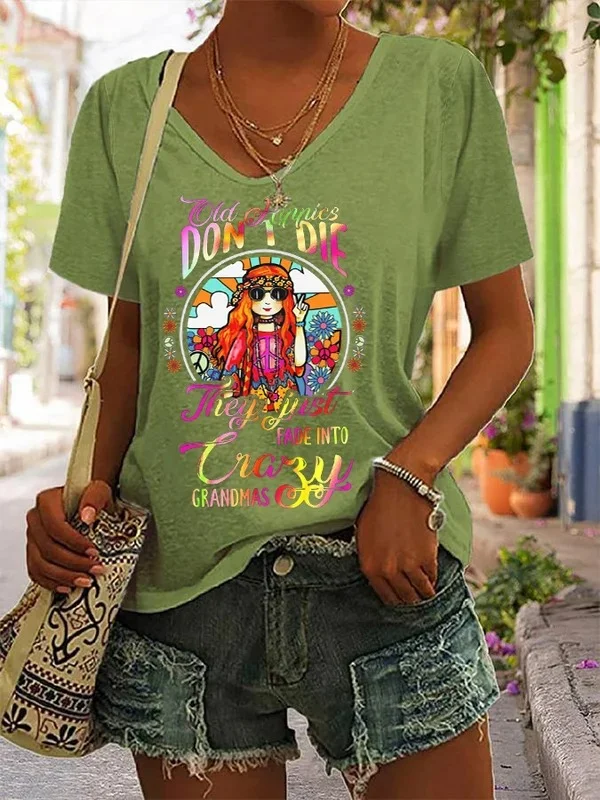 Women's Funny Old Hippies Don't Die They Just Fade Into Crazy Grandmas V-Neck Tee