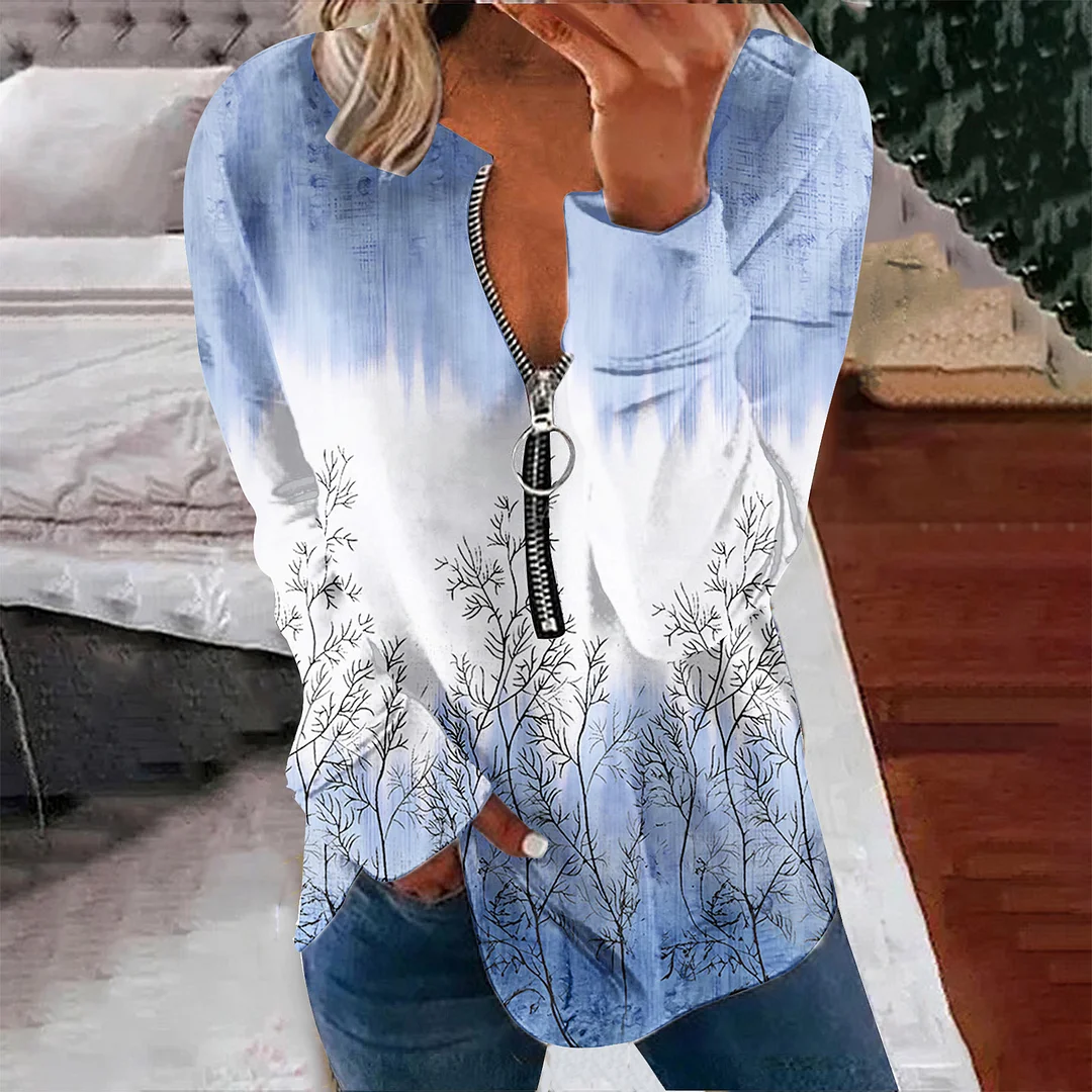 Women's Marble Print Long sleeved Half Open Zipper Sweatshirt
