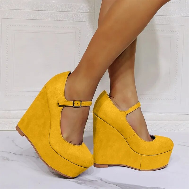 TAAFO Women's High Heels Suede Round Toe Pumps Wedges Heeled Women's Shoes 