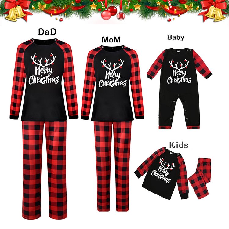 Merry Christmas Antler Print Plaid Family Matching Pajamas Set