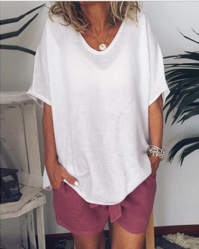 Plus Size Summer Women Linen Short Sleeve Loose Thin Blouse - S/5XL socialshop