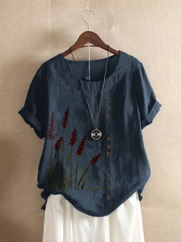 Printed Short Sleeve O Neck Button T shirt P1677299