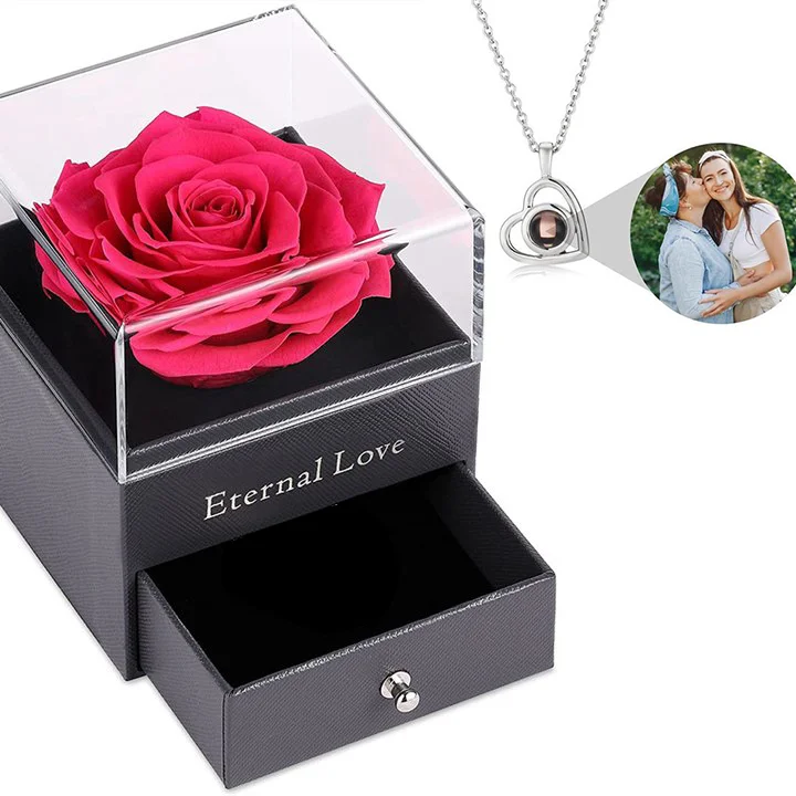 Vangogifts Custom Photo Projection Heart Necklace with Picture Inside | Eternal Preserved Real Rose with Copper photo Necklace Set | Best Gift for MOM or Wife(This product is a custom item. Please be sure to upload a photo）