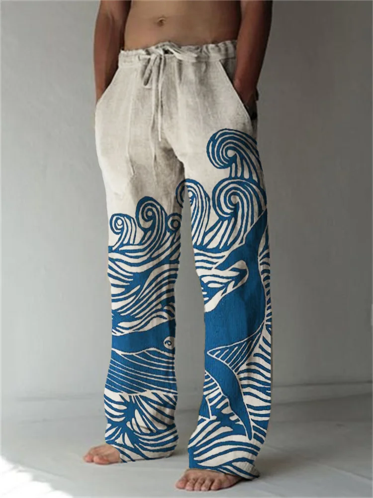 Comstylish Whale Sea Waves Japanese Lino Art Linen Blend Pants